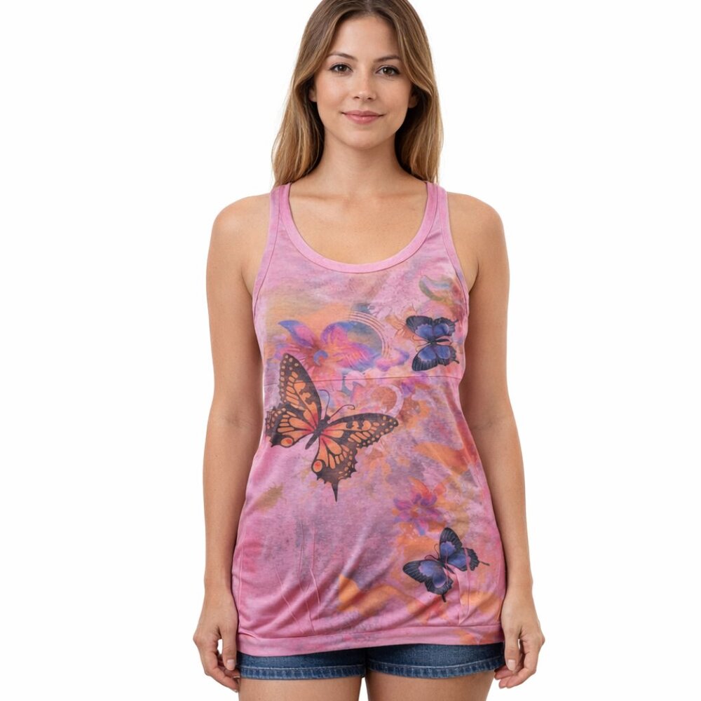 Butterfly Print Pink Scoop Neck Tank Top Colorful Graphic Sleeveless Summer L